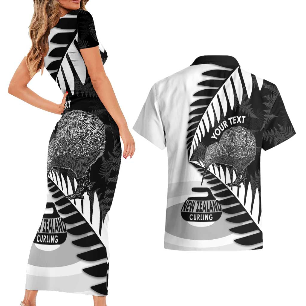 New Zealand Silver Fern Curling Personalised Couples Matching Short Sleeve Bodycon Dress and Hawaiian Shirt Aotearoa Kiwi Ponga Black White Version - Polynesian Pride
