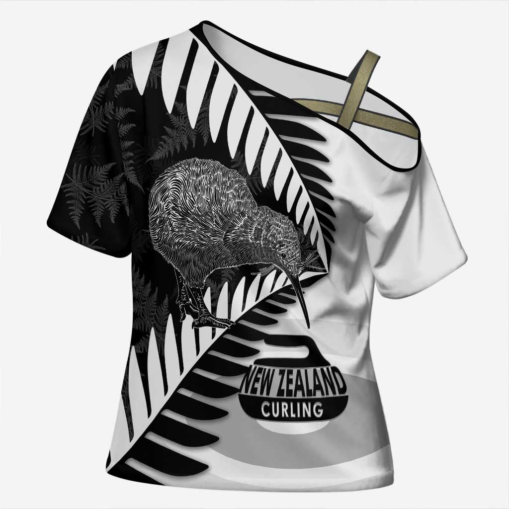 New Zealand Silver Fern Curling Personalised Cross Shoulder Shirt Aotearoa Kiwi Ponga Black White Version LT14 Female Black - Polynesian Pride