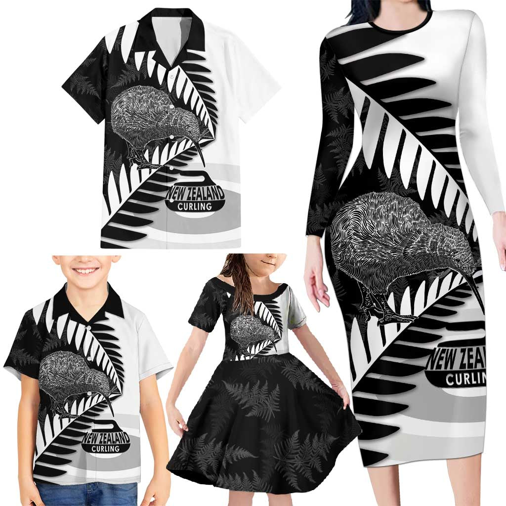 New Zealand Silver Fern Curling Personalised Family Matching Long Sleeve Bodycon Dress and Hawaiian Shirt Aotearoa Kiwi Ponga Black White Version - Polynesian Pride
