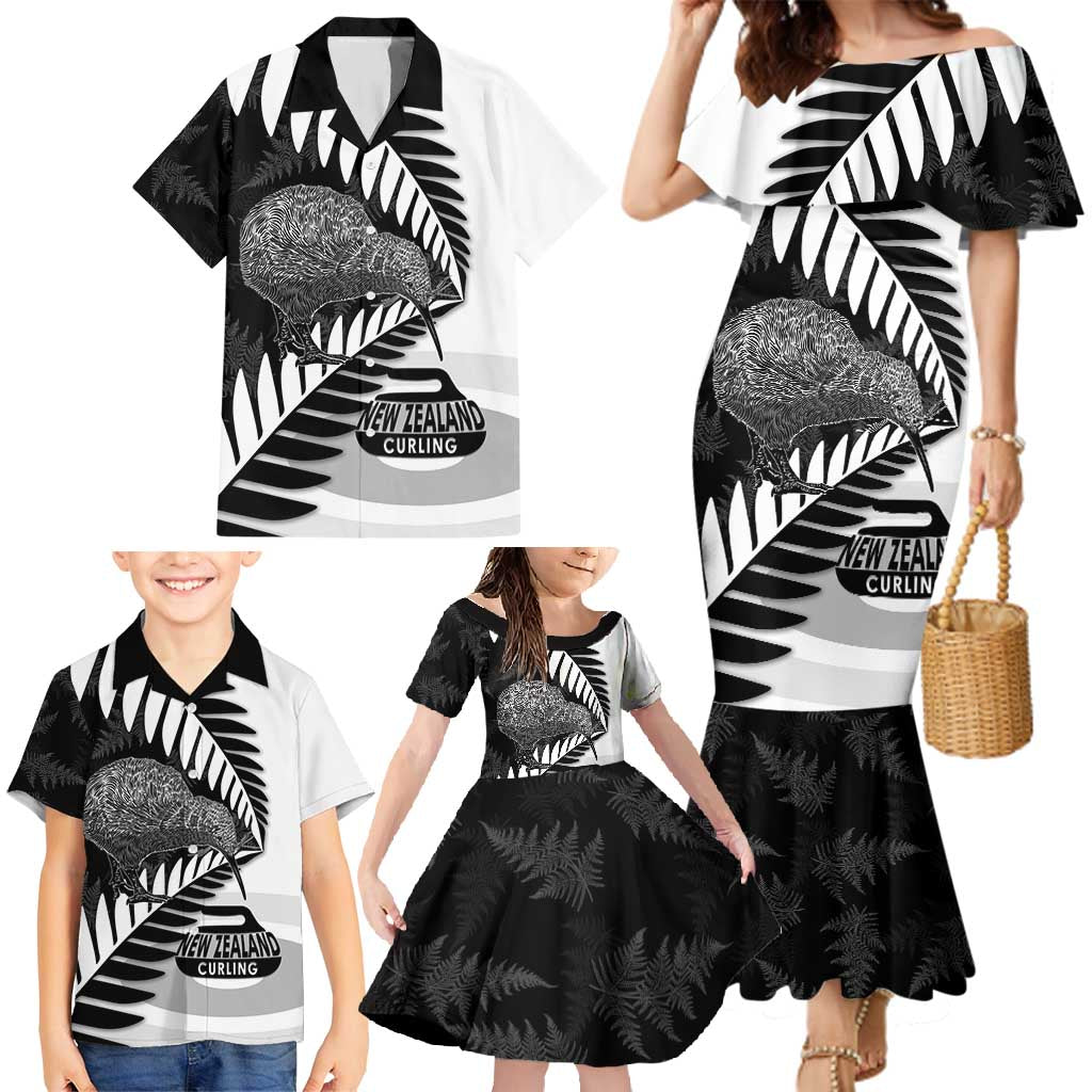 New Zealand Silver Fern Curling Personalised Family Matching Mermaid Dress and Hawaiian Shirt Aotearoa Kiwi Ponga Black White Version - Polynesian Pride