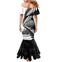 New Zealand Silver Fern Curling Personalised Family Matching Mermaid Dress and Hawaiian Shirt Aotearoa Kiwi Ponga Black White Version - Polynesian Pride