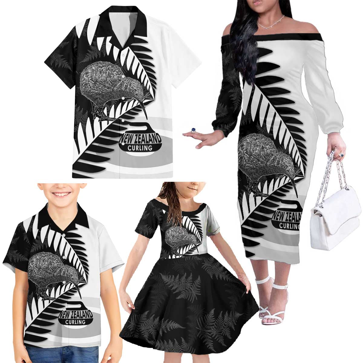 New Zealand Silver Fern Curling Personalised Family Matching Off The Shoulder Long Sleeve Dress and Hawaiian Shirt Aotearoa Kiwi Ponga Black White Version - Polynesian Pride