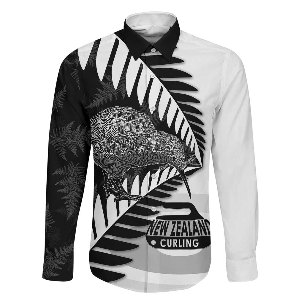 New Zealand Silver Fern Curling Personalised Family Matching Off The Shoulder Long Sleeve Dress and Hawaiian Shirt Aotearoa Kiwi Ponga Black White Version - Polynesian Pride