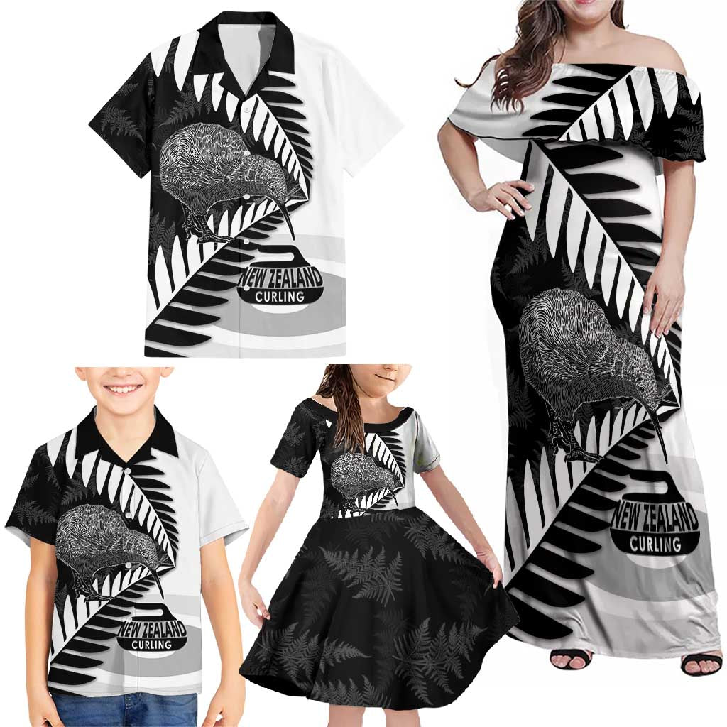 New Zealand Silver Fern Curling Personalised Family Matching Off Shoulder Maxi Dress and Hawaiian Shirt Aotearoa Kiwi Ponga Black White Version - Polynesian Pride