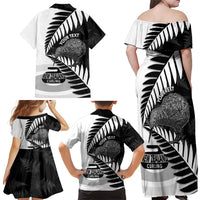 New Zealand Silver Fern Curling Personalised Family Matching Off Shoulder Maxi Dress and Hawaiian Shirt Aotearoa Kiwi Ponga Black White Version - Polynesian Pride