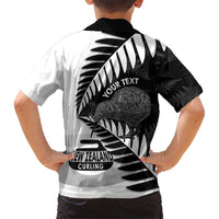 New Zealand Silver Fern Curling Personalised Family Matching Off Shoulder Short Dress and Hawaiian Shirt Aotearoa Kiwi Ponga Black White Version - Polynesian Pride