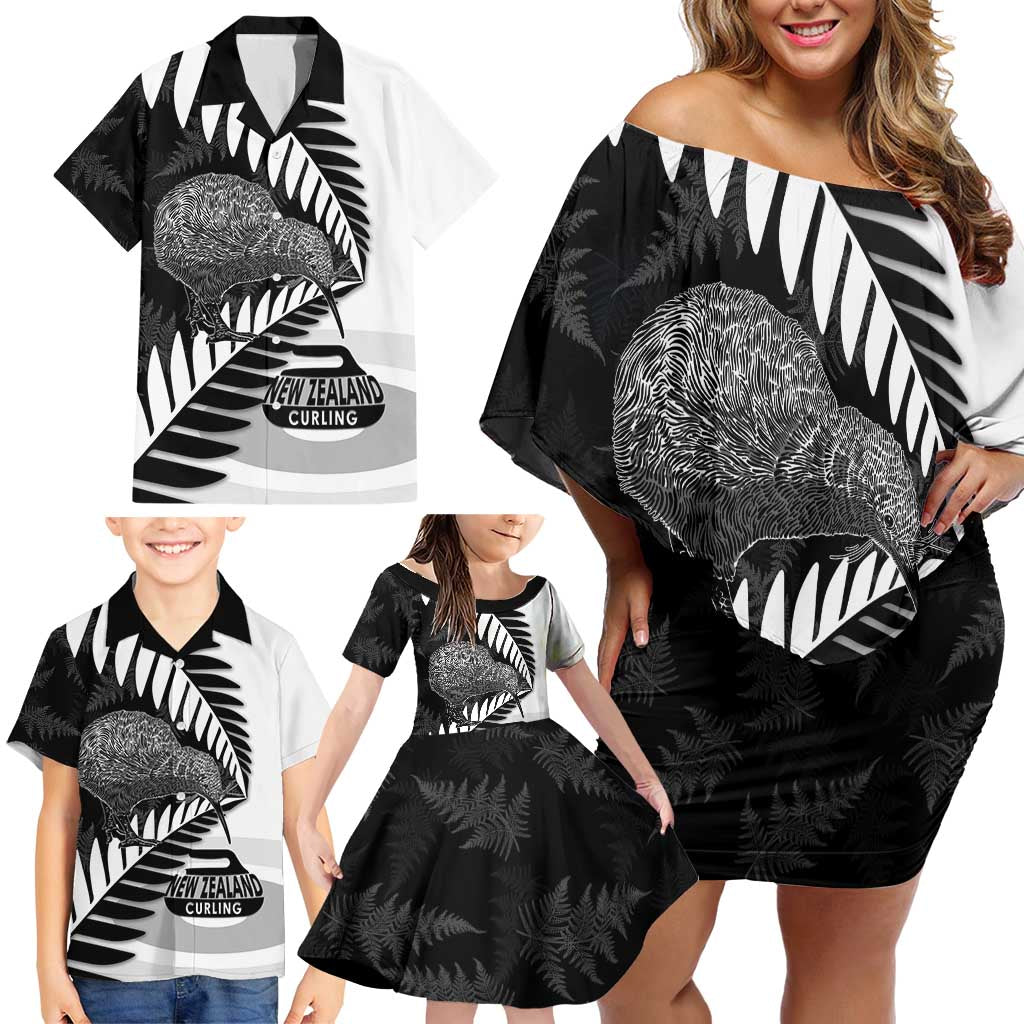 New Zealand Silver Fern Curling Personalised Family Matching Off Shoulder Short Dress and Hawaiian Shirt Aotearoa Kiwi Ponga Black White Version - Polynesian Pride
