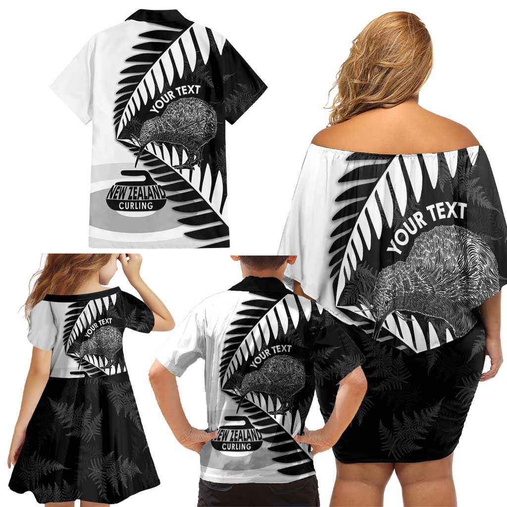New Zealand Silver Fern Curling Personalised Family Matching Off Shoulder Short Dress and Hawaiian Shirt Aotearoa Kiwi Ponga Black White Version - Polynesian Pride