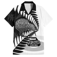 New Zealand Silver Fern Curling Personalised Family Matching Off Shoulder Short Dress and Hawaiian Shirt Aotearoa Kiwi Ponga Black White Version - Polynesian Pride