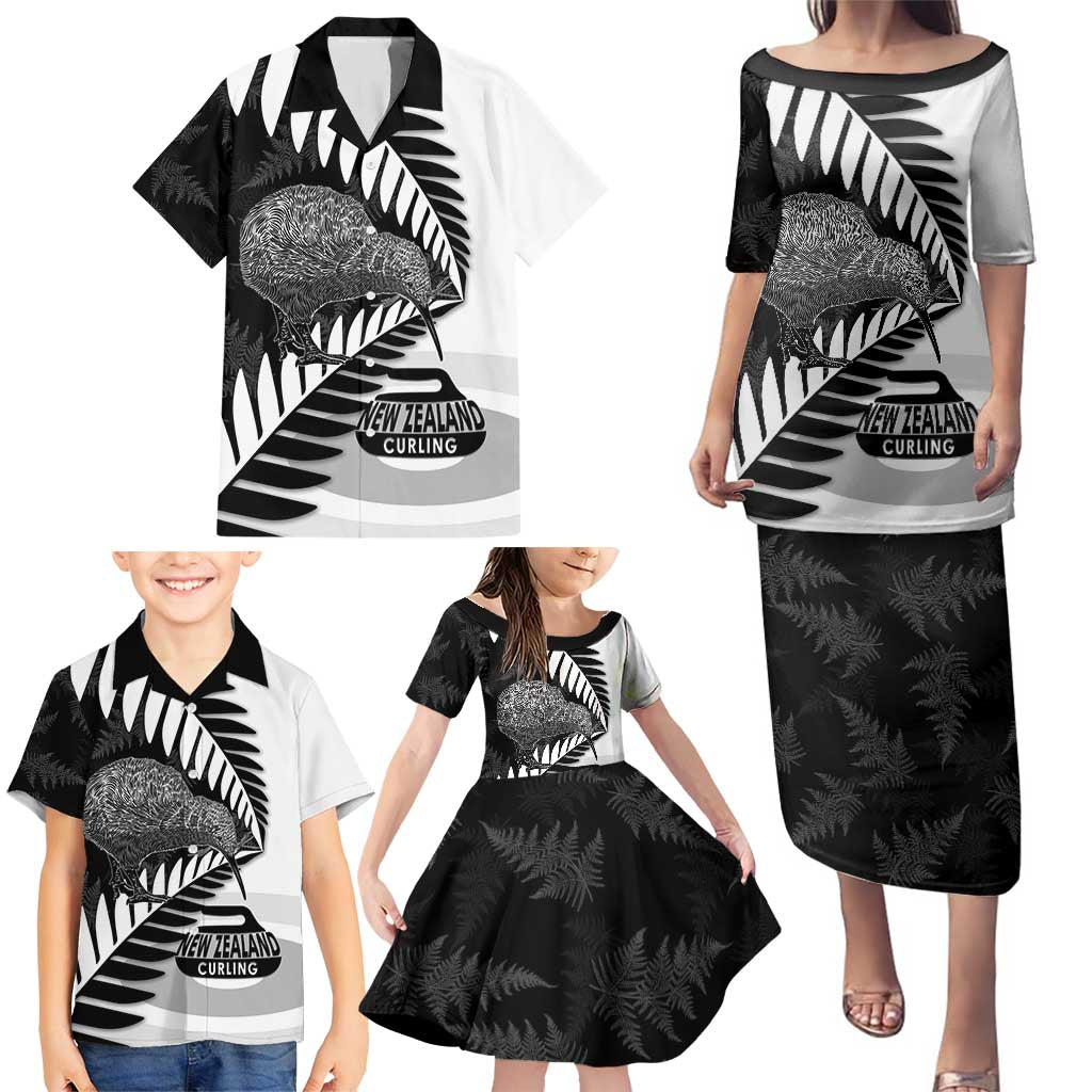New Zealand Silver Fern Curling Personalised Family Matching Puletasi and Hawaiian Shirt Aotearoa Kiwi Ponga Black White Version - Polynesian Pride