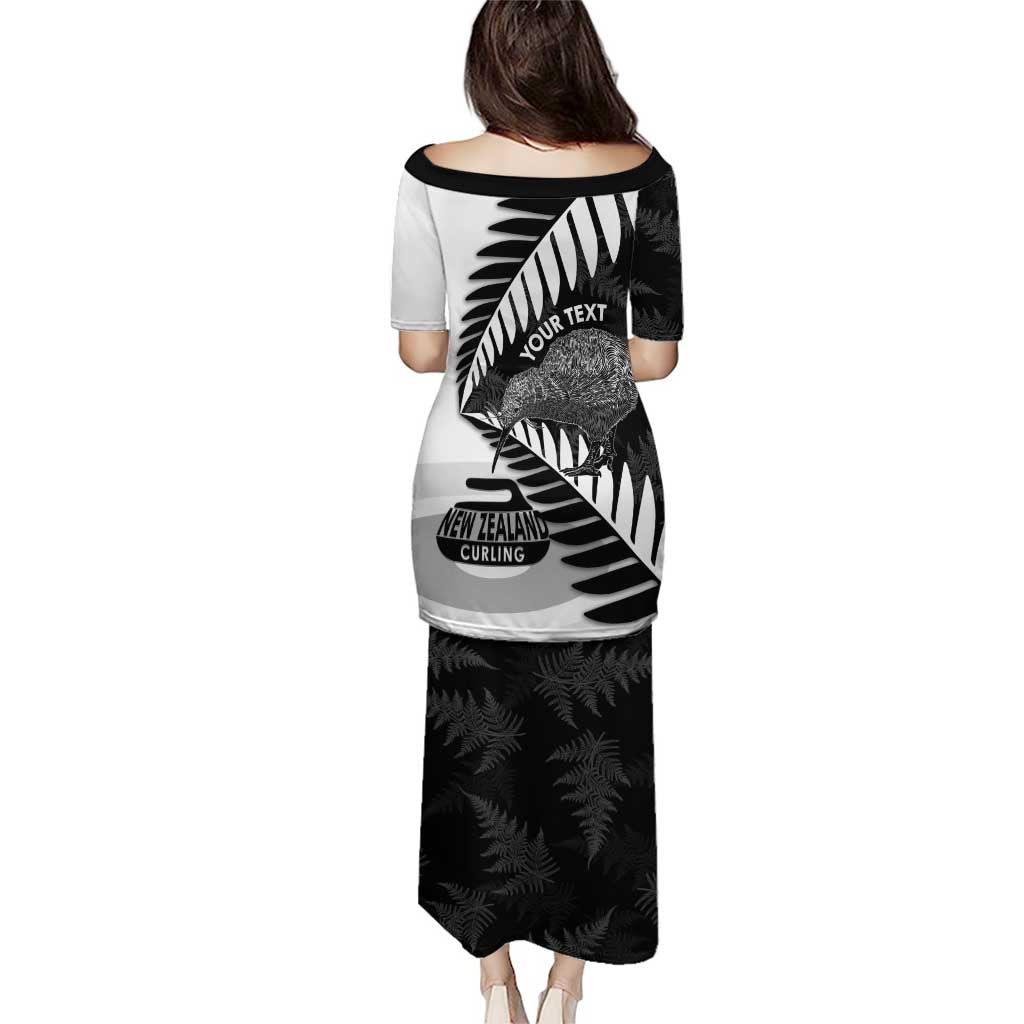 New Zealand Silver Fern Curling Personalised Family Matching Puletasi and Hawaiian Shirt Aotearoa Kiwi Ponga Black White Version - Polynesian Pride