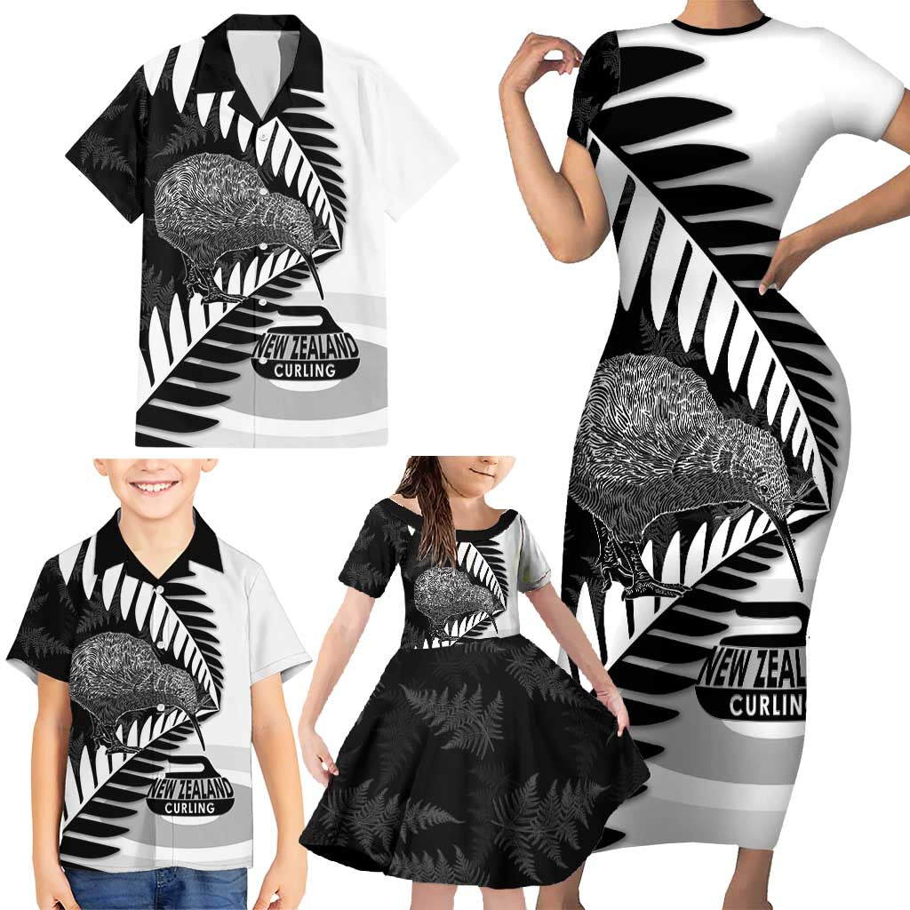 New Zealand Silver Fern Curling Personalised Family Matching Short Sleeve Bodycon Dress and Hawaiian Shirt Aotearoa Kiwi Ponga Black White Version - Polynesian Pride