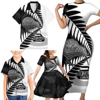 New Zealand Silver Fern Curling Personalised Family Matching Short Sleeve Bodycon Dress and Hawaiian Shirt Aotearoa Kiwi Ponga Black White Version - Polynesian Pride