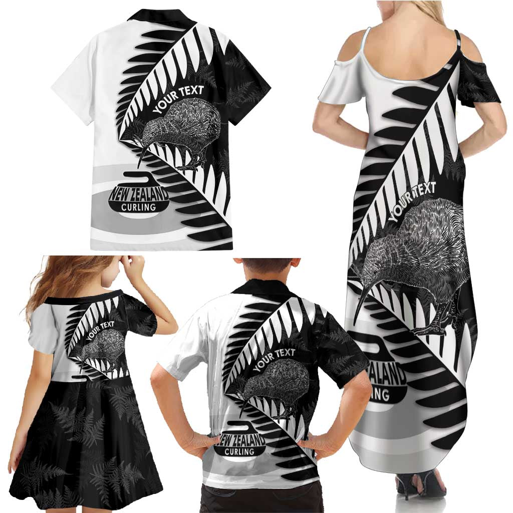 New Zealand Silver Fern Curling Personalised Family Matching Summer Maxi Dress and Hawaiian Shirt Aotearoa Kiwi Ponga Black White Version - Polynesian Pride