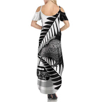 New Zealand Silver Fern Curling Personalised Family Matching Summer Maxi Dress and Hawaiian Shirt Aotearoa Kiwi Ponga Black White Version - Polynesian Pride