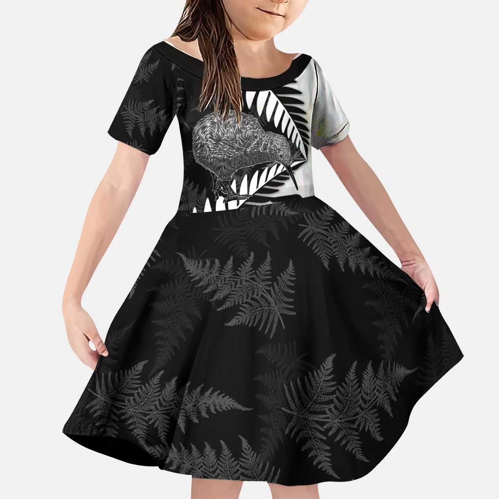 New Zealand Silver Fern Curling Personalised Family Matching Tank Maxi Dress and Hawaiian Shirt Aotearoa Kiwi Ponga Black White Version - Polynesian Pride