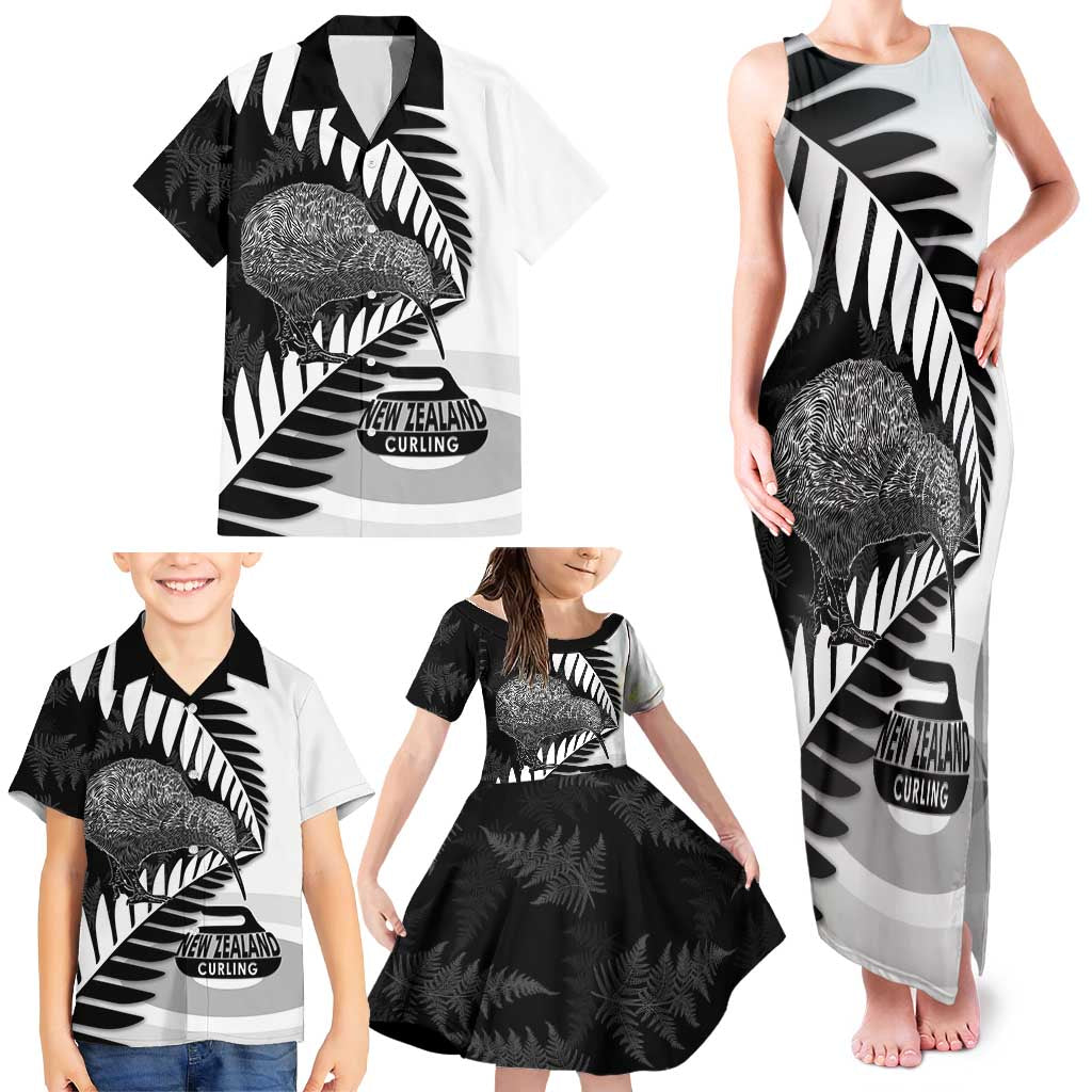 New Zealand Silver Fern Curling Personalised Family Matching Tank Maxi Dress and Hawaiian Shirt Aotearoa Kiwi Ponga Black White Version - Polynesian Pride