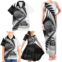 New Zealand Silver Fern Curling Personalised Family Matching Tank Maxi Dress and Hawaiian Shirt Aotearoa Kiwi Ponga Black White Version - Polynesian Pride