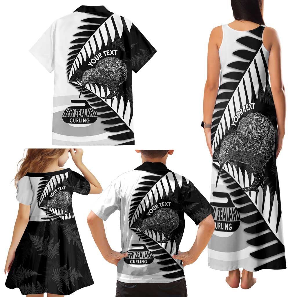 New Zealand Silver Fern Curling Personalised Family Matching Tank Maxi Dress and Hawaiian Shirt Aotearoa Kiwi Ponga Black White Version - Polynesian Pride