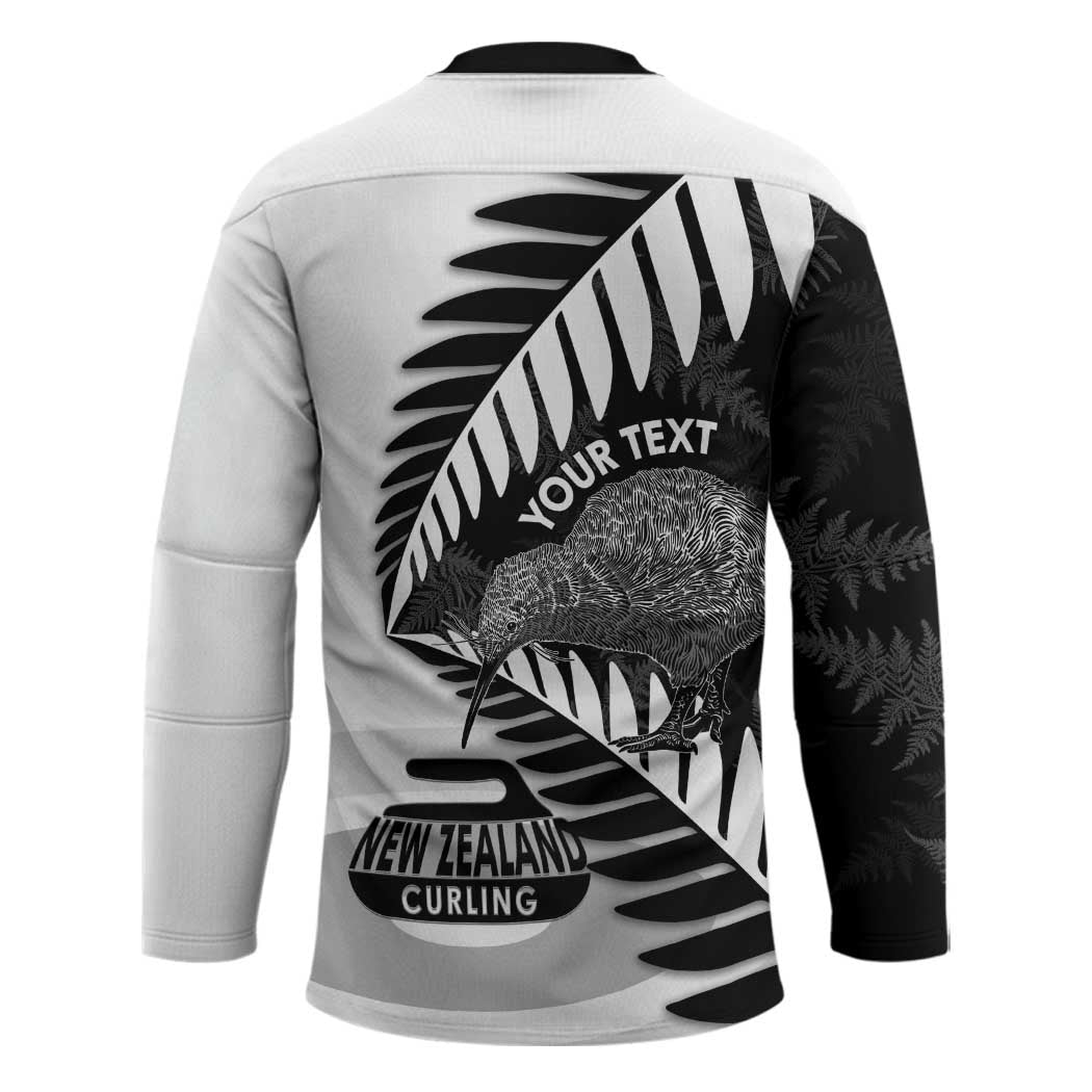 New Zealand Silver Fern Curling Personalised Hockey Jersey Aotearoa Kiwi Ponga Black White Version - Polynesian Pride