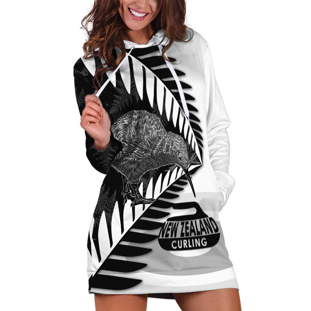 New Zealand Silver Fern Curling Personalised Hoodie Dress Aotearoa Kiwi Ponga Black White Version LT14 Black - Polynesian Pride