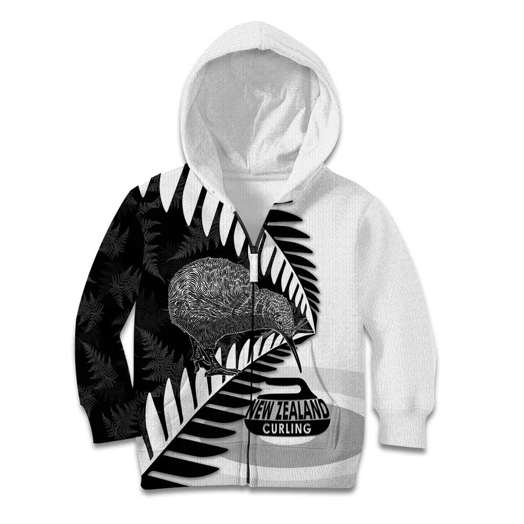 New Zealand Silver Fern Curling Personalised Kid Hoodie Aotearoa Kiwi Ponga Black White Version LT14 Zip Hoodie Black - Polynesian Pride