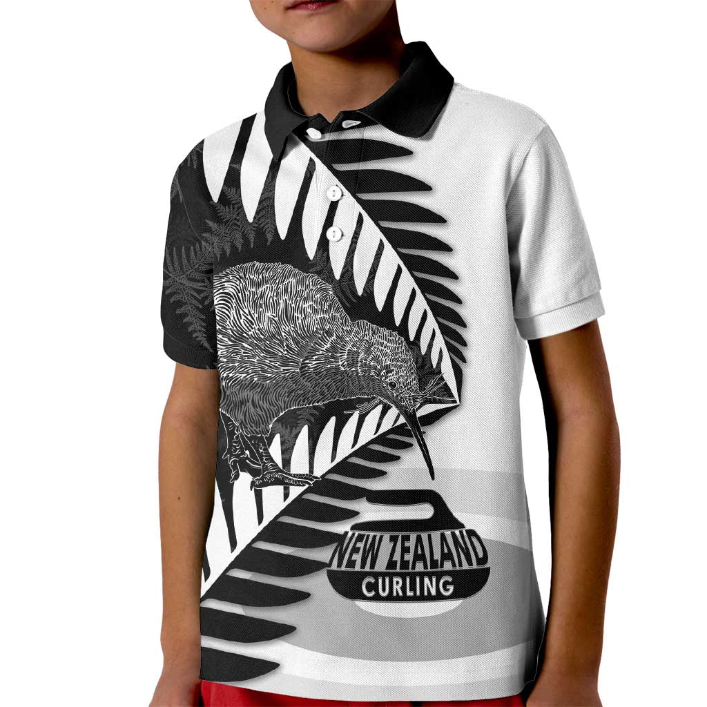 New Zealand Silver Fern Curling Personalised Kid Polo Shirt Aotearoa Kiwi Ponga Black White Version LT14 Kid Black - Polynesian Pride