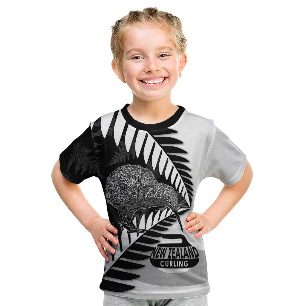 New Zealand Silver Fern Curling Personalised Kid T Shirt Aotearoa Kiwi Ponga Black White Version LT14 Black - Polynesian Pride