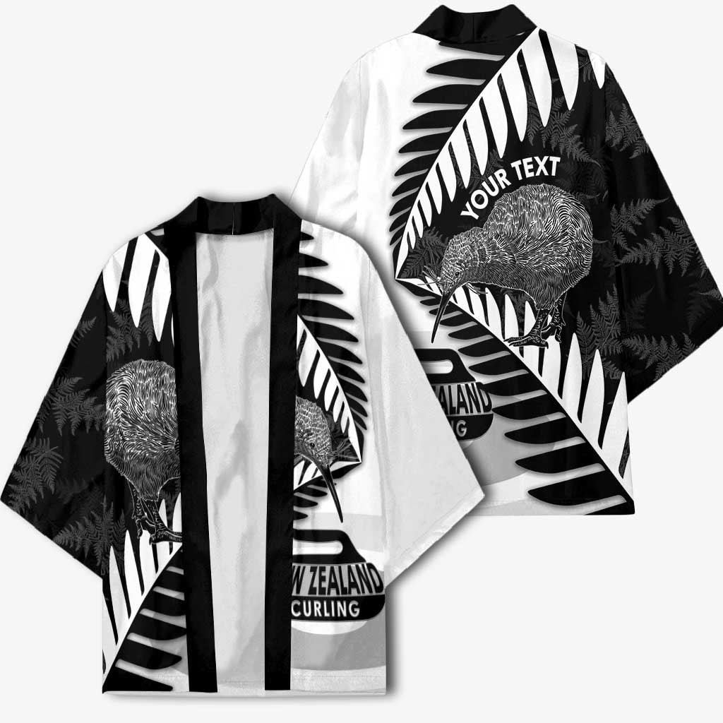 New Zealand Silver Fern Curling Personalised Kimono Aotearoa Kiwi Ponga Black White Version LT14 - Polynesian Pride