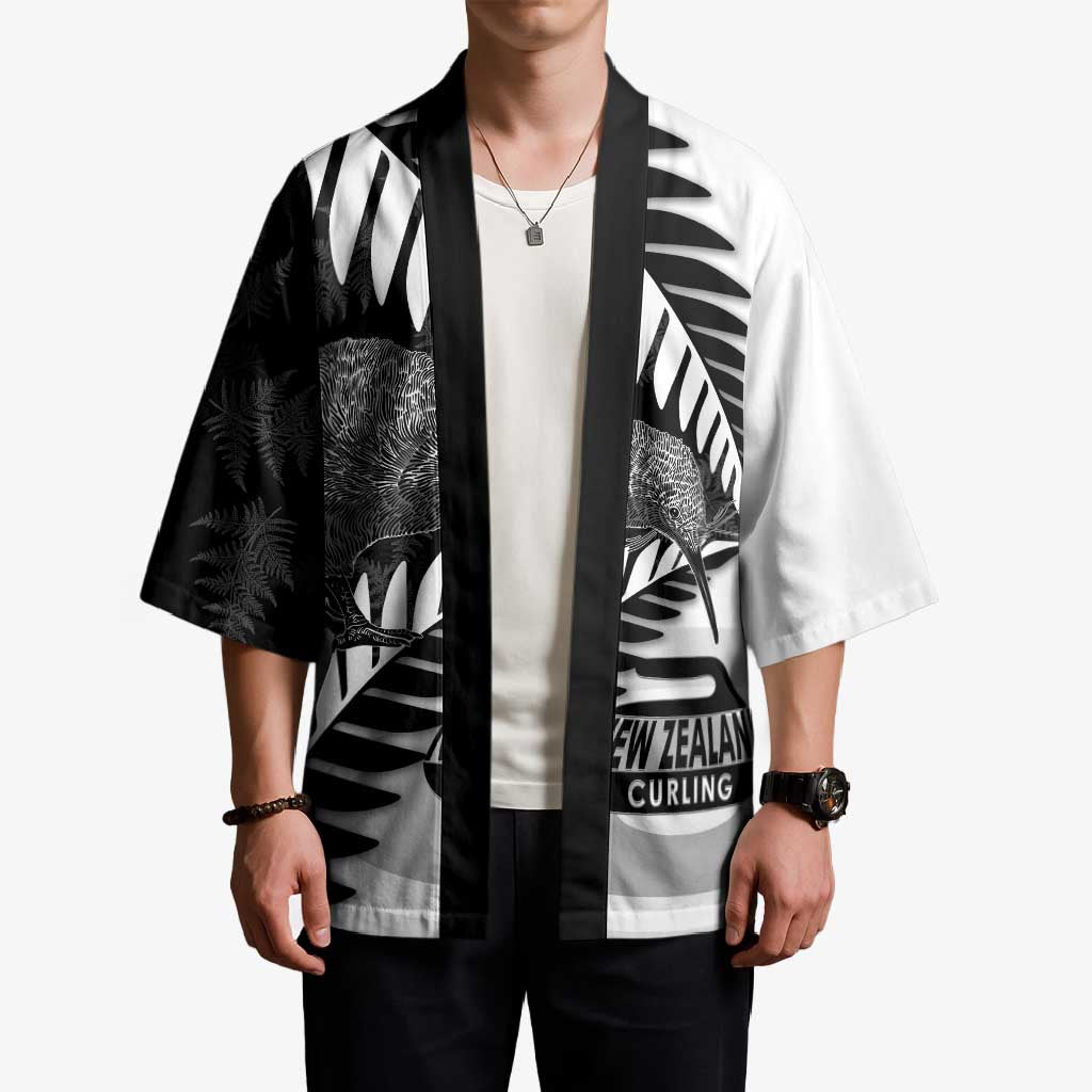 New Zealand Silver Fern Curling Personalised Kimono Aotearoa Kiwi Ponga Black White Version LT14 - Polynesian Pride