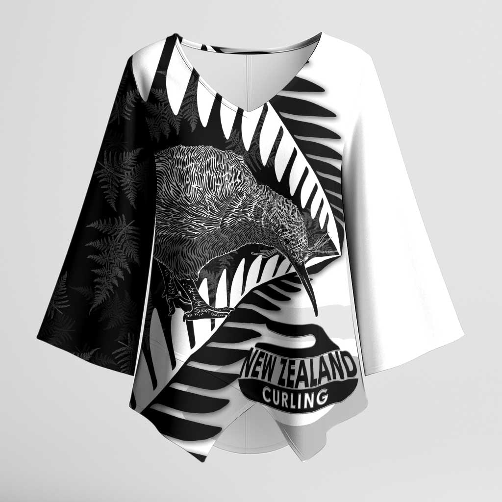New Zealand Silver Fern Curling Personalised Kimono Sleeve Blouse Aotearoa Kiwi Ponga Black White Version LT14 Female Black - Polynesian Pride
