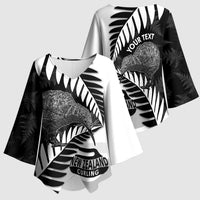 New Zealand Silver Fern Curling Personalised Kimono Sleeve Blouse Aotearoa Kiwi Ponga Black White Version LT14 - Polynesian Pride