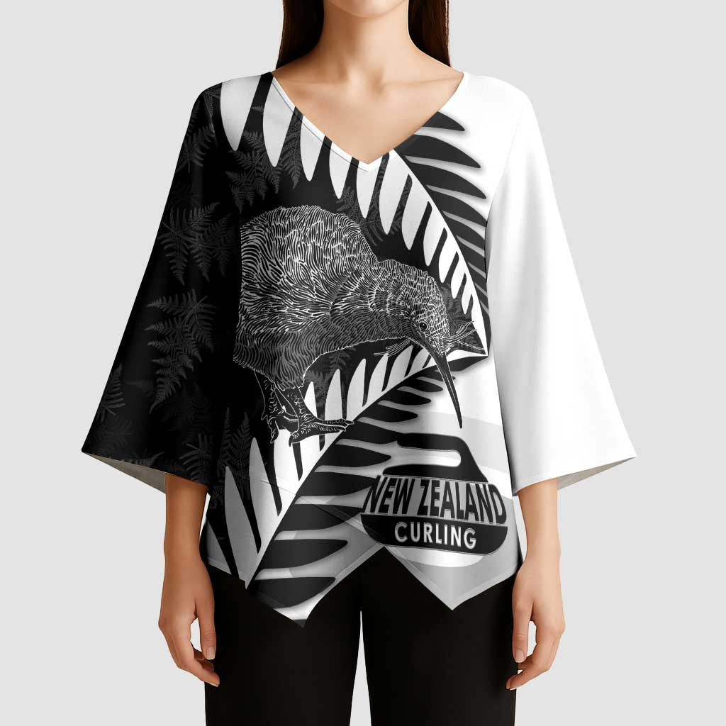 New Zealand Silver Fern Curling Personalised Kimono Sleeve Blouse Aotearoa Kiwi Ponga Black White Version LT14 - Polynesian Pride