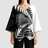 New Zealand Silver Fern Curling Personalised Kimono Sleeve Blouse Aotearoa Kiwi Ponga Black White Version LT14 - Polynesian Pride