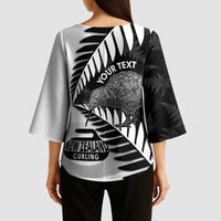 New Zealand Silver Fern Curling Personalised Kimono Sleeve Blouse Aotearoa Kiwi Ponga Black White Version LT14 - Polynesian Pride