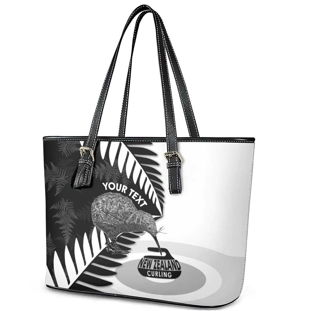 New Zealand Silver Fern Curling Personalised Leather Tote Bag Aotearoa Kiwi Ponga Black White Version - Polynesian Pride