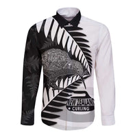 New Zealand Silver Fern Curling Personalised Long Sleeve Button Shirt Aotearoa Kiwi Ponga Black White Version LT14 Unisex Black - Polynesian Pride
