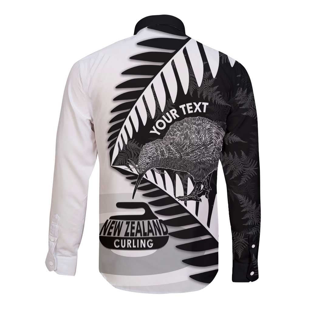 New Zealand Silver Fern Curling Personalised Long Sleeve Button Shirt Aotearoa Kiwi Ponga Black White Version LT14 - Polynesian Pride