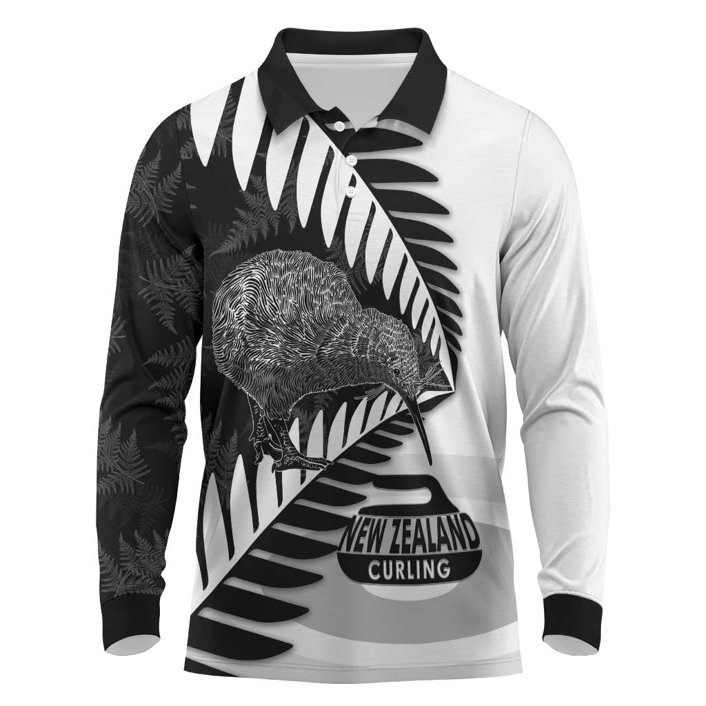 New Zealand Silver Fern Curling Personalised Long Sleeve Polo Shirt Aotearoa Kiwi Ponga Black White Version LT14 Black - Polynesian Pride