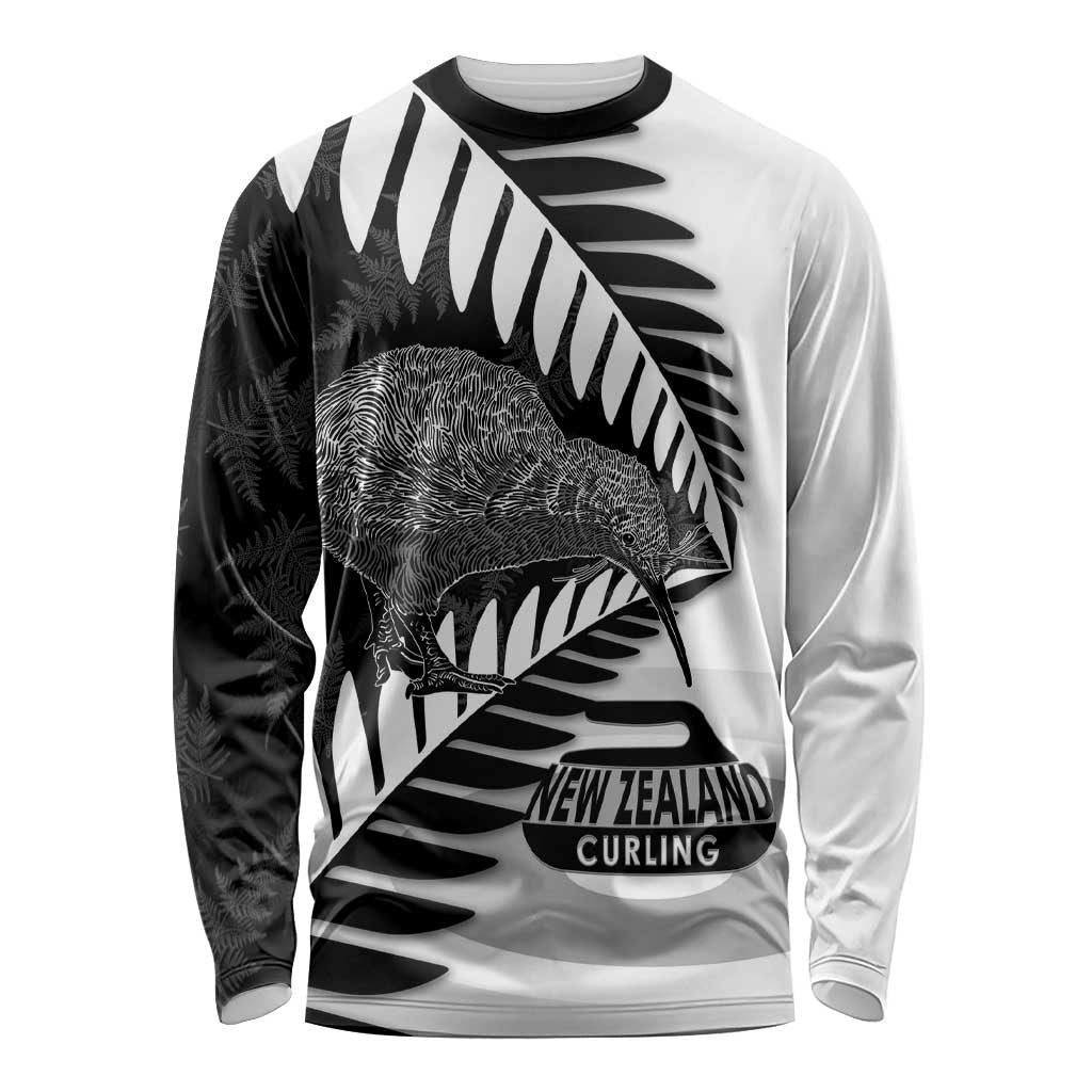 New Zealand Silver Fern Curling Personalised Long Sleeve Shirt Aotearoa Kiwi Ponga Black White Version - Polynesian Pride