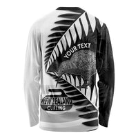 New Zealand Silver Fern Curling Personalised Long Sleeve Shirt Aotearoa Kiwi Ponga Black White Version - Polynesian Pride