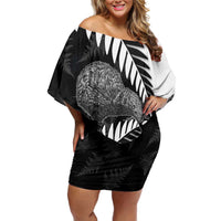 New Zealand Silver Fern Curling Personalised Off Shoulder Short Dress Aotearoa Kiwi Ponga Black White Version LT14 Women Black - Polynesian Pride