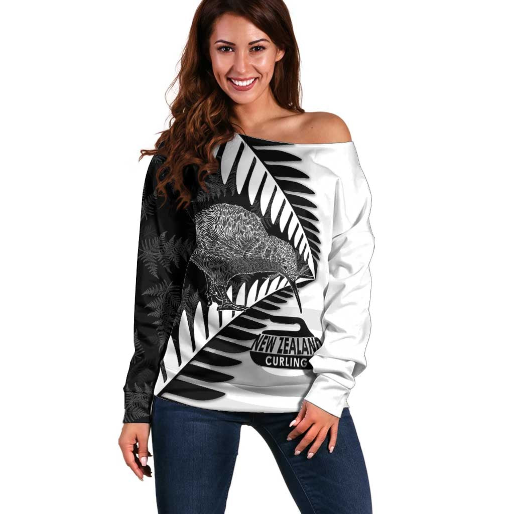 New Zealand Silver Fern Curling Personalised Off Shoulder Sweater Aotearoa Kiwi Ponga Black White Version LT14 Women Black - Polynesian Pride