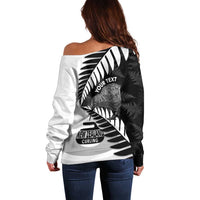 New Zealand Silver Fern Curling Personalised Off Shoulder Sweater Aotearoa Kiwi Ponga Black White Version LT14 - Polynesian Pride