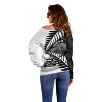 New Zealand Silver Fern Curling Personalised Off Shoulder Sweater Aotearoa Kiwi Ponga Black White Version LT14 - Polynesian Pride