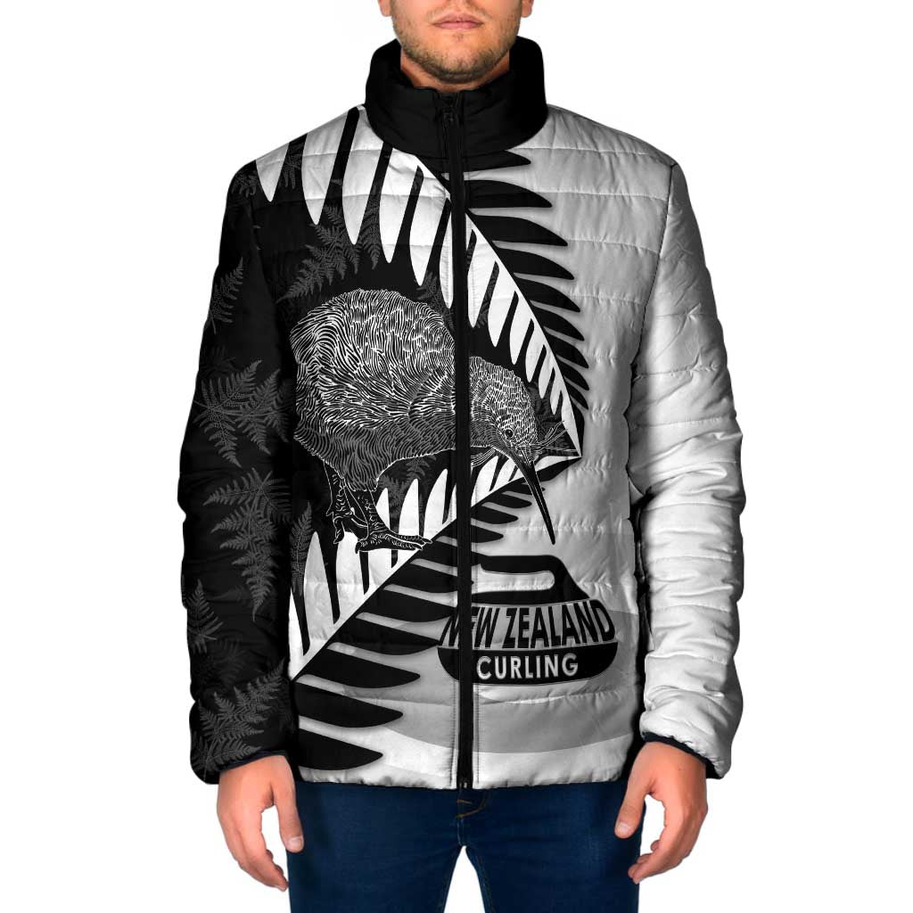 New Zealand Silver Fern Curling Personalised Padded Jacket Aotearoa Kiwi Ponga Black White Version LT14 Men Black - Polynesian Pride