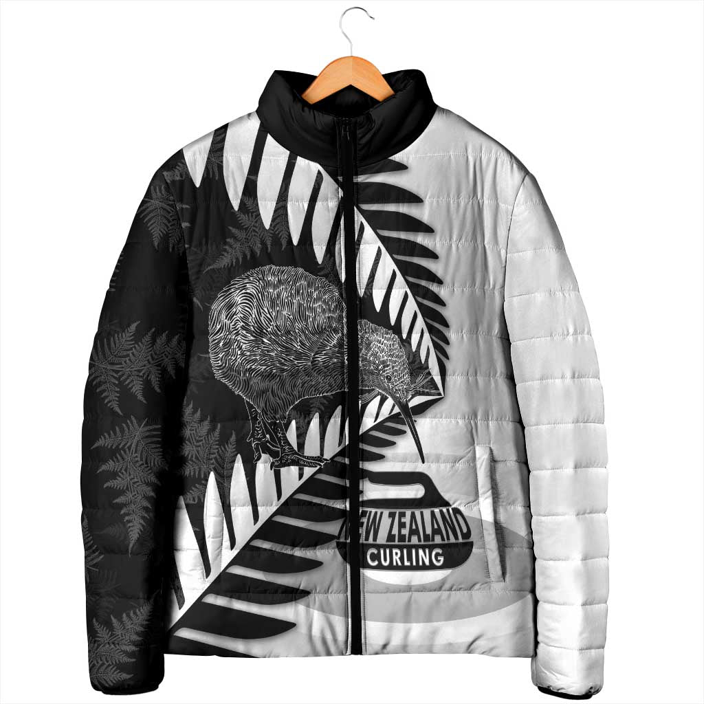 New Zealand Silver Fern Curling Personalised Padded Jacket Aotearoa Kiwi Ponga Black White Version LT14 - Polynesian Pride
