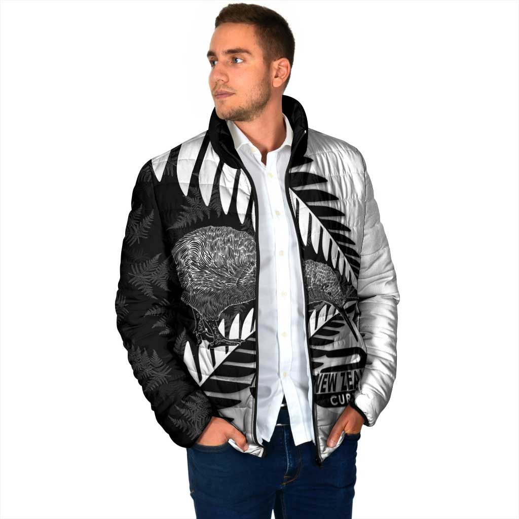 New Zealand Silver Fern Curling Personalised Padded Jacket Aotearoa Kiwi Ponga Black White Version LT14 - Polynesian Pride
