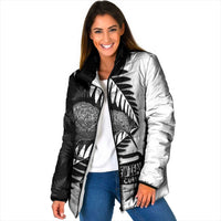 New Zealand Silver Fern Curling Personalised Padded Jacket Aotearoa Kiwi Ponga Black White Version LT14 Women Black - Polynesian Pride