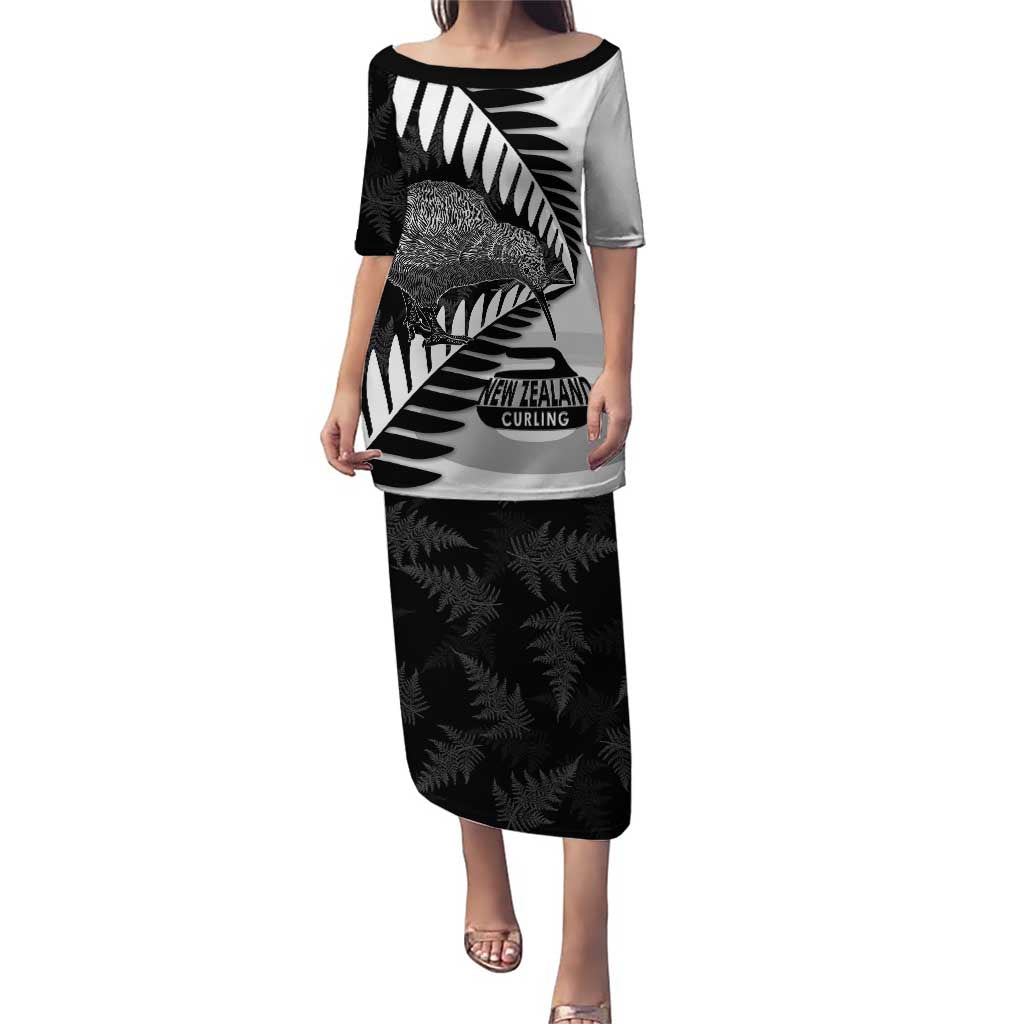 New Zealand Silver Fern Curling Personalised Puletasi Aotearoa Kiwi Ponga Black White Version LT14 Long Dress Black - Polynesian Pride